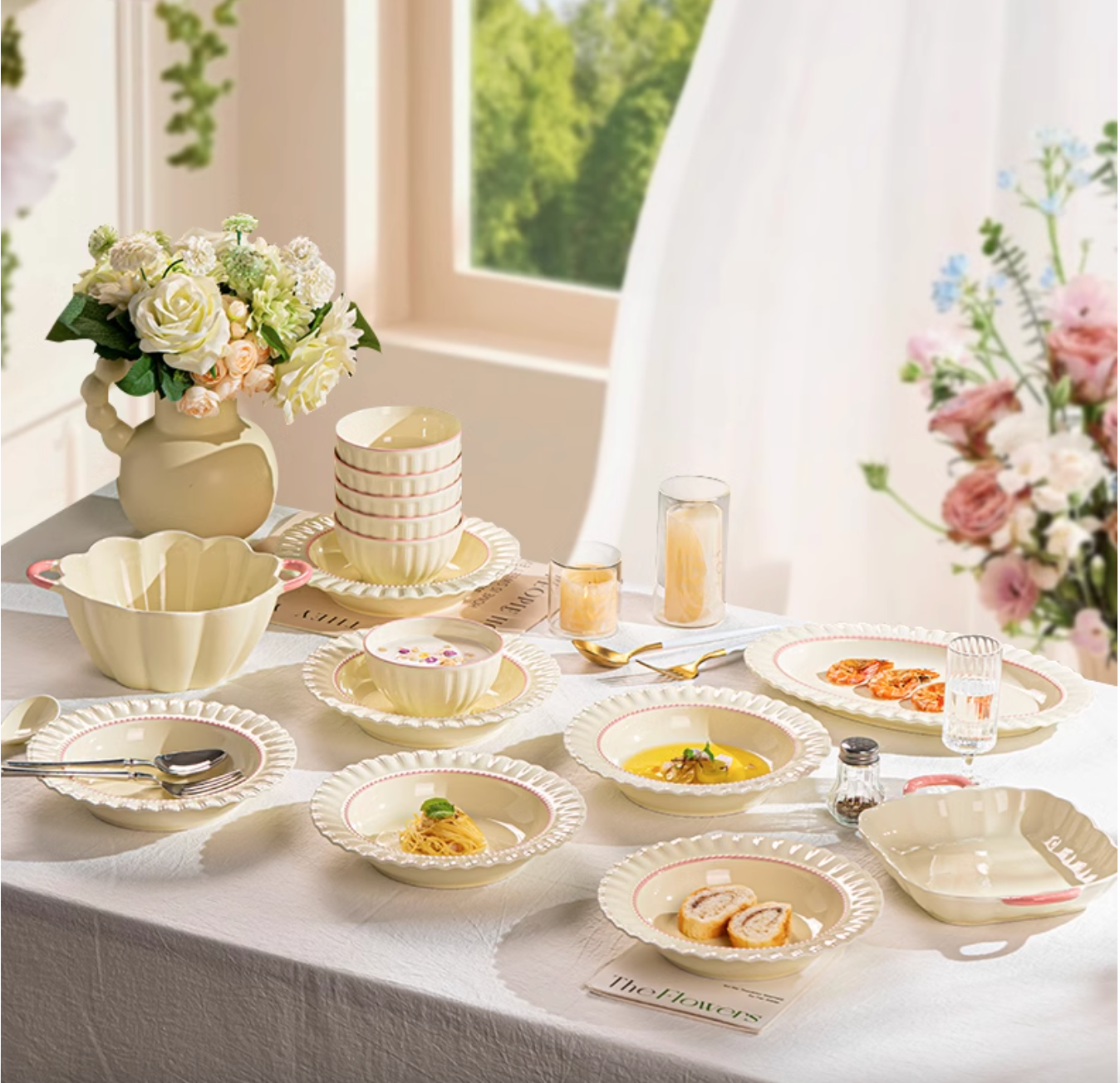 Bộ Bát Đĩa Chén Gốm Màu Vàng Viền Hồng Tráng Men Cao Cấp - Set Quà Tặng